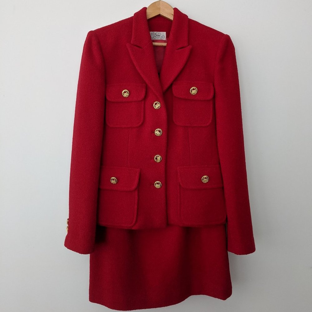 red bouclé wool skirt suit vintage 90s
